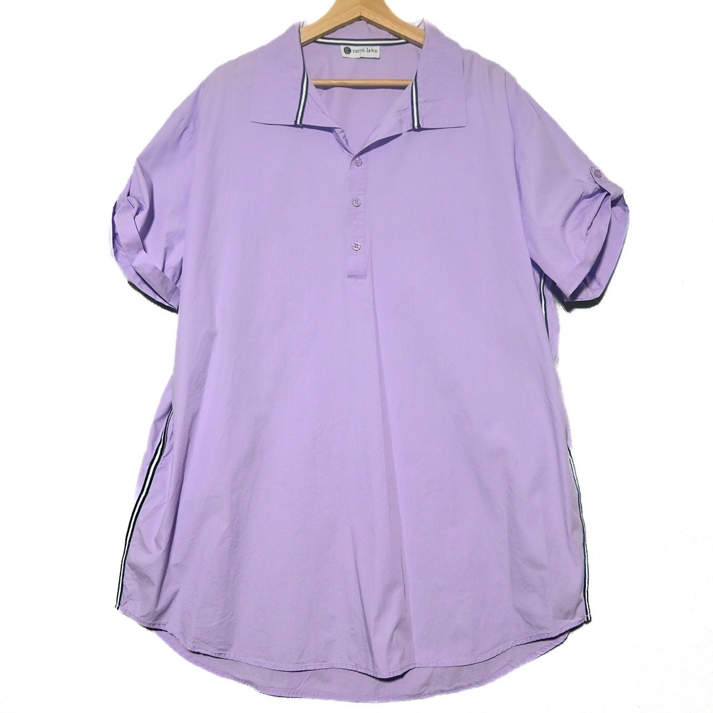 Caryn Lawn Polo Tunic Women Relaxed Short Sleeve Pockets Lavender Purple OS